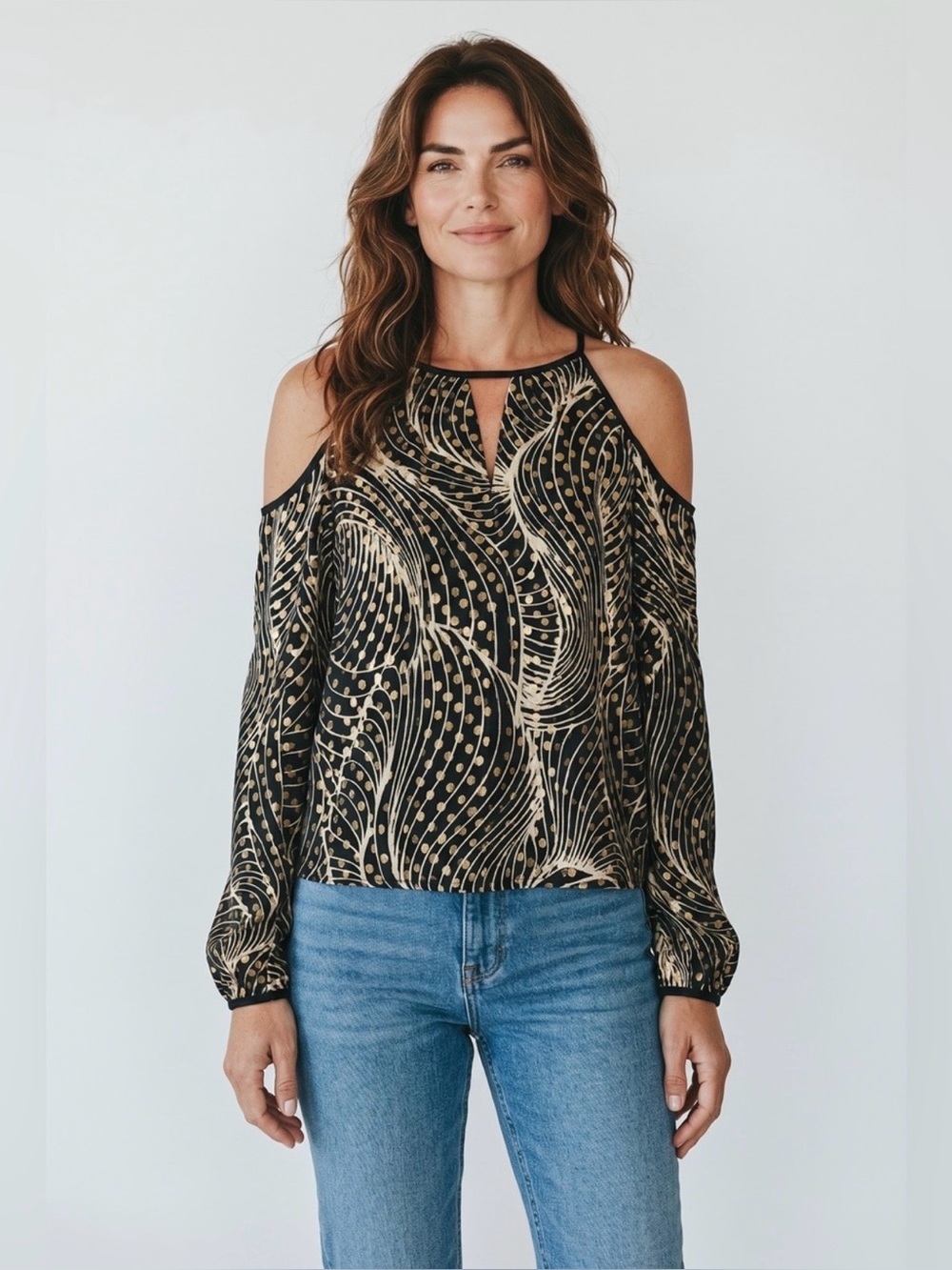 Alice & Trixie Cold Shoulder Blouse // Black & Gold // Medium